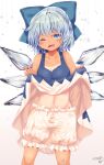  1girl absurdres bare_shoulders blue_eyes bow cirno clothes_lift collarbone commission dress dress_lift fang hair_bow highres kemo_chiharu light_blue_hair one_eye_closed open_mouth pantaloons skeb_commission smile solo tan tanlines touhou 