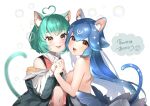  2girls ahoge animal_ear_fluff animal_ears backless_dress backless_outfit bao_(vtuber) black_jacket blue_hair breasts brown_eyes bubble cat_ears cat_girl crop_top dress english_commentary fangs girl_dm green_hair grey_dress heart_hair highres holding_hands indie_virtual_youtuber jacket long_hair looking_at_viewer medium_breasts midriff multiple_girls navel off_shoulder open_hands saitou_(lynx-shrike) second-party_source short_hair small_breasts smile very_long_hair virtual_youtuber 