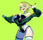  1girl akatsuki_kirika blonde_hair breasts gloves green_background green_eyes green_jacket green_leotard hair_ornament highres jacket leotard looking_at_viewer medium_breasts open_clothes open_jacket open_mouth senki_zesshou_symphogear shiny shiny_hair shiny_skin short_hair simple_background smile solo standing striped striped_legwear teeth thigh-highs thundergotch white_gloves x_hair_ornament 