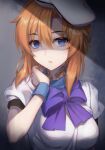  1girl artist_name bandages bandaid bangs blue_eyes bow breasts dress eyebrows_visible_through_hair hat highres higurashi_no_naku_koro_ni looking_at_viewer nerune_j open_mouth orange_hair purple_bow ryuuguu_rena shaded_face short_hair white_dress white_headwear 