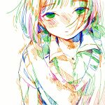  1girl bangs collared_shirt colorful expressionless green_eyes hatching_(texture) highres medium_hair original shadow shirt signature simple_background solo tmari traditional_media upper_body white_background 