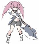  1girl axe bare_shoulders bike_shorts black_shorts blue_eyes closed_mouth coat elbow_gloves full_body gloves hair_between_eyes holding holding_axe karukan_(monjya) long_hair looking_at_viewer navel pink_hair presea_combatir short_shorts shorts sidelocks simple_background sketch sleeveless sleeveless_coat solo standing tales_of_(series) tales_of_symphonia twintails white_background 