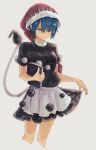  1girl absurdres apron black_dress blue_eyes blue_hair blurry blurry_background book breasts closed_mouth commentary cropped_legs doremy_sweet dress expressionless grey_background hair_over_one_eye half-closed_eyes hat highres holding holding_book long_bangs looking_at_viewer nightcap pom_pom_(clothes) red_headwear short_dress short_hair short_sleeves simple_background skirt_hold small_breasts solo tail tapir_tail totopepe888 touhou white_apron 