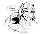  1boy animal_ears arknights arm_up cup drinking_glass english_text fingernails furry furry_male greyscale highres holding holding_cup male_focus monochrome mountain_(arknights) scar scar_across_eye sharp_fingernails short_hair sigppang_(2shot00002) smile solo thick_eyebrows tiger_boy tiger_ears upper_body wine_glass 