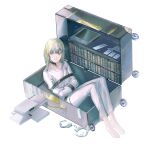  1boy alternate_hair_length alternate_hairstyle androgynous barefoot book bound bound_arms briefcase cangchen choker collarbone commentary_request cuffs enkidu_(fate) fate/grand_order fate_(series) full_body green_hair handcuffs in_container looking_at_viewer medium_hair solo straitjacket tied_up_(nonsexual) white_background 