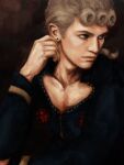  1boy braid brown_background earrings giorno_giovanna jewelry jojo_no_kimyou_na_bouken looking_to_the_side male_focus pekanpeka platinum_blonde_hair single_braid solo stud_earrings upper_body vento_aureo 