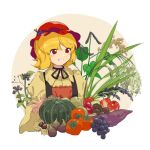  1girl aki_minoriko apple bangs beige_background black_neckwear black_ribbon blonde_hair blush chestnut choker collared_shirt commentary food food_on_head food_request fruit fruit_on_head grapes grin hat juliet_sleeves kaigen_1025 long_sleeves mushroom object_on_head persimmon puffy_sleeves red_apple red_eyes red_headwear ribbon ribbon_choker shirt short_hair sidelocks smile solo touhou upper_body vegetable white_background wide_sleeves wing_collar 