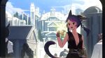  1girl animal_ears architecture belt black_shirt blue_sky breasts building clouds cloudy_sky commission fairy hand_up highres long_hair medium_breasts open_mouth original purple_hair shirt sky sleeveless sleeveless_shirt smile solo stairs tail tostantan tree upper_body 