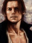  1boy black_coat brown_hair coat collarbone facial_hair grey_background highres male_focus one_piece pekanpeka realistic scar scar_across_eye shanks solo stubble upper_body 