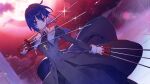  1girl bangs between_fingers black_keys_(type-moon) blue_eyes blue_hair breasts chain-link_fence ciel_(tsukihime) clouds cross cross_necklace dutch_angle feet_out_of_frame fence full_moon highres holding holding_sword holding_weapon jewelry long_sleeves looking_at_viewer medium_breasts melty_blood melty_blood:_type_lumina moon necklace night noco_(adamas) nun official_art outdoors parted_lips rooftop short_hair sidelocks sleeve_cuffs solo standing sword tsukihime tsukihime_(remake) weapon 