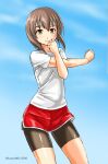  1girl bike_shorts bike_shorts_under_shorts black_shorts blue_sky clouds commentary_request cowboy_shot kantai_collection kudou_(ooabareteng) looking_at_viewer one-hour_drawing_challenge red_shorts shirt shorts sky solo standing stretch t-shirt taihou_(kancolle) white_shirt 