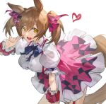  1girl absurdres animal_ears bangs bow breasts brown_eyes brown_hair center_frills collared_dress commentary cowboy_shot dress frills garter_straps hair_bow hair_ribbon heart highres horse_ears horse_girl horse_tail index_finger_raised kkj25 large_breasts leaning_forward looking_at_viewer neck_ribbon open_mouth pink_skirt puffy_short_sleeves puffy_sleeves ribbon short_hair short_sleeves short_twintails simple_background skirt smart_falcon_(umamusume) solo suspender_skirt suspenders tail twintails umamusume upper_body white_background white_dress 