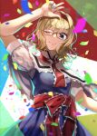  1girl akane_hazuki alice_margatroid apron arm_up ascot bangs blonde_hair blue_dress blue_eyes blue_nails breasts capelet commentary_request confetti cowboy_shot dress eyebrows_visible_through_hair fingernails frilled_capelet frilled_hairband frilled_ribbon frills glasses glasses_day hair_between_eyes hairband highres lips lolita_hairband looking_at_viewer medium_breasts nail_polish one_eye_closed puffy_short_sleeves puffy_sleeves red_ribbon ribbon short_hair short_sleeves smile solo touhou upper_body waist_apron white_capelet 