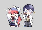  &gt;_&lt; 1boy 1girl adjusting_eyewear arms_up bangs black_legwear black_pants blue_footwear blue_skirt blush_stickers bow buttons cardigan chibi closed_eyes closed_mouth coke-bottle_glasses commentary crying flying_teardrops glasses grey_background grey_cardigan hair_between_eyes hair_bow hair_ornament hair_ribbon hairclip hand_in_pocket kneeling labcoat long_hair magnet nanawo_akari neck_ribbon necktie official_art open_mouth pants pink_footwear ponytail red_neckwear redhead ribbon school_uniform shoes short_necktie sidelocks simple_background skirt sleeves_past_fingers sleeves_past_wrists socks sou_(niconico) sparkle standing terada_tera triangle turing_love upper_teeth uwabaki v-shaped_eyebrows very_long_hair white_footwear white_ribbon yellow_sweater_vest 