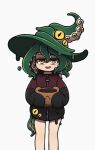  1girl extra_eyes feet_out_of_frame green_hair hair_between_eyes halloween hat holding horizontal_pupils kumakun long_hair looking_at_viewer open_mouth original shadow shu_(kumakun) simple_background smile solo tentacle_hair white_background witch witch_hat yellow_eyes zipper zipper_pull_tab 
