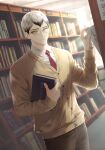  1boy beige_cardigan book bookshelf buttons cardigan glasses grey_hair haikyuu!! hemoon holding holding_book indoors kita_shinsuke library long_sleeves looking_at_viewer male_focus multicolored_hair necktie pants red_neckwear school_uniform shirt short_hair solo two-tone_hair white_shirt yellow_eyes 