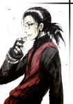  1boy age_regression black_hair black_shirt cigarette gloves hellsing jewelry monocle ponytail red_eyes red_vest ring shirt smoking tied_hair vest wakame walter_c._dornez younger 