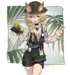  1girl :d animal arknights beanstalk_(arknights) black_choker bottle braid brown_eyes brown_hair brown_headwear choker cowboy_shot crab ears_through_headwear green_hair green_shorts hair_between_eyes hat holding holding_animal id_card jiojio leaf leaf_background long_hair looking_at_viewer metal_crab_(arknights) multicolored_hair open_mouth overall_shorts overalls shirt shorts side_braid single_braid smile spray_bottle streaked_hair v white_shirt 