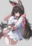  1girl :p absurdres animal_ears april_(arknights) arknights black_hair commentary cowboy_shot cropped_legs dress earclip grey_background hair_between_eyes hands_on_headphones highres id_card implied_extra_ears long_hair looking_at_viewer rabbit_ears shoa_tksm simple_background solo symbol-only_commentary tongue tongue_out violet_eyes white_dress 