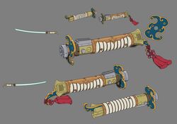  concept_art energy_sword grey_background ishimori_ren kuboki_yuuichi lightsaber multiple_views no_humans official_art production_art science_fiction star_wars star_wars:_visions sword tassel weapon weapon_focus 