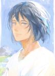  1boy blue_eyes blue_hair blue_sky closed_mouth copyright_request day hataya highres looking_at_viewer male_focus medium_hair outdoors shirt sky smile solo upper_body white_shirt 