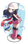  1girl absurdres beanie black_hair black_legwear black_shirt boots bubble closed_mouth commentary_request hikari_(pokemon) grey_eyes hair_ornament hairclip hat highres leaning_forward long_hair mitsu_(mitu_328) over-kneehighs pink_footwear pink_skirt piplup pokemon pokemon_(creature) pokemon_(game) pokemon_dppt red_scarf scarf shirt signature skirt sleeveless sleeveless_shirt smile standing thigh-highs white_headwear 