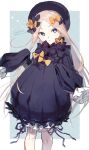  1girl abigail_williams_(fate) black_dress blonde_hair blue_eyes bow commentary dress fate/grand_order fate_(series) hair_bow hat highres long_hair signature sleeves_past_fingers sleeves_past_wrists tsuyukusa_(eeta7273) 
