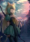  1girl animal_ears atalanta_(fate) bangs belt belt_buckle black_legwear blonde_hair bow_(weapon) braid buckle cat_ears cat_tail closed_mouth clouds commentary_request dress eyebrows_visible_through_hair fate/apocrypha fate/grand_order fate_(series) flat_chest french_braid green_dress green_eyes green_hair hair_between_eyes highres holding holding_bow_(weapon) holding_weapon kaze_minoru_so-ru long_hair looking_at_viewer multicolored_hair outdoors plant puffy_sleeves short_sleeves sky solo tail tree two-tone_hair water waterfall weapon 
