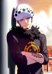  1boy bird black_hair crossed_arms earrings eilinna facial_hair goatee hat horizon jewelry leaning_to_the_side long_sleeves looking_at_viewer male_focus one_piece parted_lips railing sky solo tattoo trafalgar_law upper_body water 