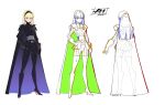  1girl am_(star_wars) armor bangs black_cape black_gloves black_hairband black_skirt blonde_hair breasts cape character_name character_sheet concept_art galactic_empire gloves hairband hand_on_hip koyama_shigeto long_hair medium_breasts multiple_tails official_art open_hand production_art skirt star_wars star_wars:_visions tail trigger_(company) v-shaped_eyebrows violet_eyes white_background 