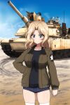  1girl arm_at_side artist_name black_shirt blonde_hair blue_eyes blue_shorts blue_sky brown_jacket bukkuri clenched_hand closed_mouth clouds commission dated denim denim_shorts emblem girls_und_panzer ground_vehicle gun hair_intakes hand_on_hip highres jacket kay_(girls_und_panzer) long_hair long_sleeves looking_at_viewer m1_abrams machine_gun military military_uniform military_vehicle motor_vehicle open_clothes open_jacket sand saunders_military_uniform shirt short_shorts shorts signature skeb_commission sky smile solo standing star_(symbol) tank thigh-highs thighs uniform weapon white_legwear zettai_ryouiki 