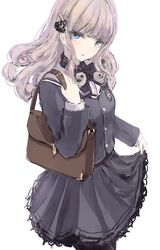  1girl bag bangs black_bow black_legwear blue_eyes bow eyebrows_visible_through_hair grey_hair grey_jacket grey_skirt highres jacket long_hair long_sleeves looking_at_viewer missile228 original pantyhose parted_lips simple_background skirt smile solo white_background 