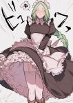  1girl alternate_costume apron black_dress blush boots braid breasts brown_footwear clothes_lift dress dress_lift enmaided fire_emblem fire_emblem:_three_houses frilled_apron frilled_dress frills garter_straps green_eyes green_hair highres ikarin large_breasts long_hair long_sleeves maid maid_headdress nose_blush puffy_long_sleeves puffy_sleeves rhea_(fire_emblem) single_braid solo spoken_squiggle squiggle sweat thigh-highs very_long_hair white_apron white_legwear wind wind_lift 