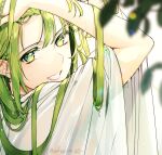  1other bangs blurry blurry_foreground close-up commentary depth_of_field dripping ede enkidu_(fate) fate/grand_order fate/strange_fake fate_(series) green_eyes green_hair grin hands_in_hair hands_up leaf long_hair looking_at_viewer other_focus portrait shiny shiny_hair smile solo twitter_username wet wet_clothes wet_hair 