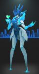  1girl black_background city cup deltarune drinking_glass echanis_enicha full_body mecha queen_(deltarune) robot smile solo standing visor wine_glass 