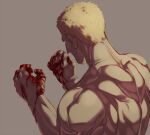  1boy back backlighting blonde_hair blood blood_on_hands from_behind male_focus muscular muscular_male nude reiner_braun shingeki_no_kyojin short_hair sideburns solo upper_body zyunya 