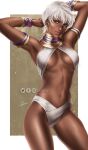  1girl armlet armpits arms_up artist_name bangs bare_shoulders bikini blue_eyes bracelet breasts capcom commentary dark-skinned_female dark_skin elena_(street_fighter) highres jewelry light_smile lips lixin_wang logo looking_at_viewer medium_breasts navel neck_ring short_hair signature simple_background smile solo stomach street_fighter street_fighter_iii_(series) swimsuit thighs watermark 