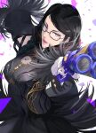  1girl bayonetta bayonetta_(series) bayonetta_3 black_hair braid clothing_cutout earrings glasses gloves highres jewelry lipstick long_hair looking_at_viewer makeup mole mole_under_mouth multicolored_hair redhead simple_background smile solo streaked_hair twin_braids unagikoichi 