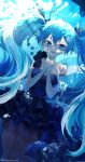  1girl air_bubble aqua_eyes aqua_hair asymmetrical_clothes bare_arms bare_shoulders black_dress blue_theme bubble caustics dress fish frilled_dress frills hatsune_miku highres interlocked_fingers light_rays long_hair niwaniwa_1227 ocean own_hands_clasped own_hands_together shinkai_shoujo_(vocaloid) solo submerged twintails underwater very_long_hair vocaloid water 