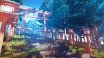  blue_sky clouds dappled_sunlight day forest grass hachio81 highres lantern nature no_humans original outdoors plant scenery shrine sky stairs sunlight torii tree wooden_lantern 