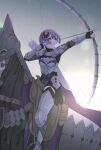  1girl absurdres aiming armor arrow_(projectile) bangs bernadetta_von_varley bow bow_(weapon) breastplate commentary_request commission fire_emblem fire_emblem:_three_houses grey_eyes hair_bow highres holding holding_bow_(weapon) holding_weapon horse horse_armor leg_armor purple_hair quiver riding saddle short_hair skeb_commission sky solo star_(sky) starry_sky thigh-highs vambraces weapon yoshioka_machiko 