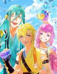  3boys :d absurdres blonde_hair blue_eyelashes blue_hair blue_sky braid day facing_viewer grin hand_up hataya highres holding japanese_clothes kimono looking_at_viewer male_focus multiple_boys open_mouth outdoors pink_eyelashes pink_eyes pink_hair sky smile snail_shell touken_ranbu water_drop yellow_eyes 