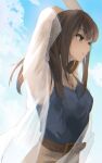  1girl arm_behind_head armpits arms_up belt blue_sky blue_tank_top brown_hair clouds eyebrows_visible_through_hair green_eyes highres idolmaster idolmaster_cinderella_girls idolmaster_cinderella_girls_starlight_stage jewelry k_concord long_hair necklace see-through shibuya_rin sky smile solo tank_top 