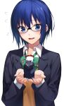  1boy 1girl back bangs black-framed_eyewear black_hair blue_eyes blue_hair blue_jacket blush bouquet bow bowtie ciel_(tsukihime) collared_shirt fingernails flower flying_sweatdrops glasses green_bow green_neckwear hair_between_eyes heart herigaru_(fvgyvr000) highres holding holding_another holding_bouquet jacket long_sleeves looking_at_another looking_down miniboy open_clothes open_jacket open_mouth red_flower red_rose rose school_uniform shirt short_hair sidelocks simple_background size_difference smile tohno_shiki tsukihime tsukihime_(remake) upper_body upper_teeth vest white_background white_shirt yellow_vest 