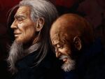  2boys bald beard facial_hair from_side golden_kamuy grey_hair hijikata_toshizou_(golden_kamuy) long_hair male_focus multiple_boys nagakura_shinpachi_(golden_kamuy) old old_man pekanpeka realistic veins wrinkled_skin 