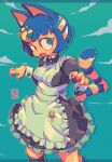  1girl alternate_costume animal_crossing animal_ears ankh ankha_(animal_crossing) black_hair blue_background blue_fur bob_cut body_fur cat_tail dress egyptian egyptian_clothes enmaided fang frown furry furry_female maid nintendo open_mouth paw_pose scarab short_hair solo starmilk striped_tail tail yellow_fur 
