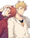  2boys back-to-back bangs blonde_hair bracelet closed_mouth granblue_fantasy green_eyes hand_in_hair hand_up hood hood_down hoodie jewelry looking_at_another male_focus medium_hair multiple_boys ono_(0_no) percival_(granblue_fantasy) red_eyes red_hoodie redhead short_hair undercut upper_body vane_(granblue_fantasy) white_background white_hoodie 