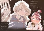  2girls bang_dacy blonde_hair blue_eyes blush brown_hair card couple diana_cavendish english_text happy heart kagari_atsuko little_witch_academia long_hair looking_at_another multicolored_hair multiple_girls red_eyes simple_background smile twitter_username two-tone_hair wavy_hair yuri 