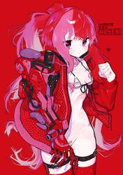  1girl absurdres bangs bikini bottomless breasts breasts_apart clenched_hand coat highres long_hair mechanical_arms multicolored_hair muzinneki original pink_hair print_bikini red_background red_coat red_legwear red_theme redhead simple_background single_mechanical_arm small_breasts solo swimsuit thigh-highs two-tone_hair very_long_hair violet_eyes white_bikini 