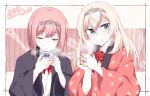  2girls ark_royal_(kancolle) blonde_hair blue_eyes blush closed_mouth flower hair_between_eyes hairband happi japanese_clothes kantai_collection long_hair long_sleeves multiple_girls parted_lips red_flower red_ribbon red_rose redhead ribbon rose shigino_sohuzi short_hair smile tiara upper_body victorious_(kancolle) wide_sleeves 